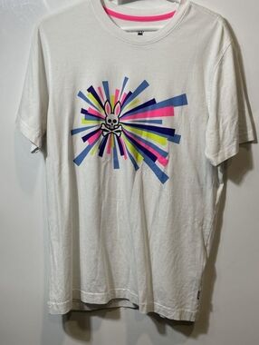 Psycho Bunny White Tee with Neon Burst Bunny Skull